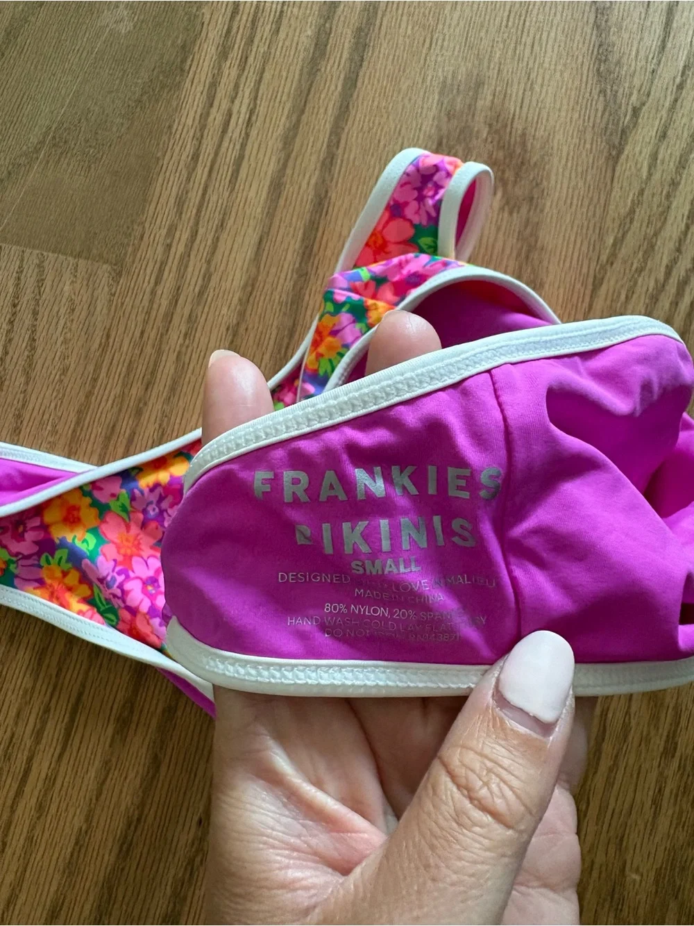Frankie's Bikinis Hot Pink Bandeau with Multicolor Floral Trim